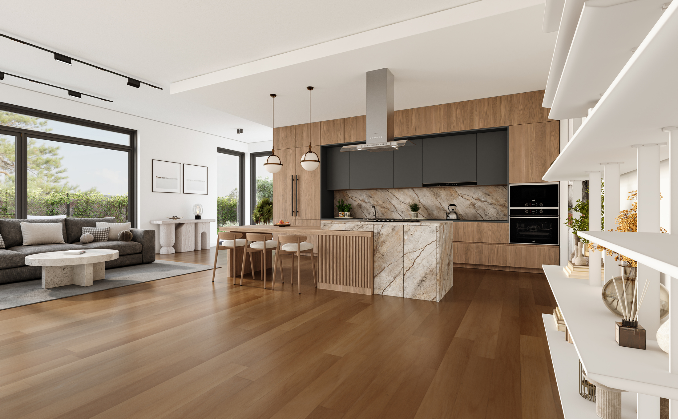 Open space living room and kitchen interior with large windows, gray sofa, dining table and hardwood flooring. Modern design solution, 3d rendering